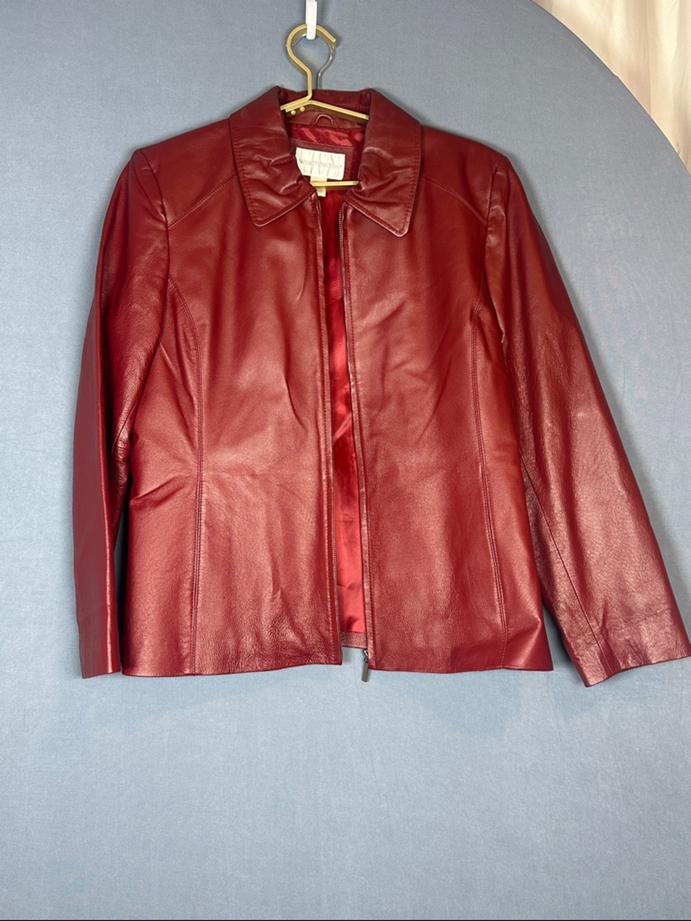 Worthington Burgundy Leather Jacket Womens Large Zip Moto Biker Coat